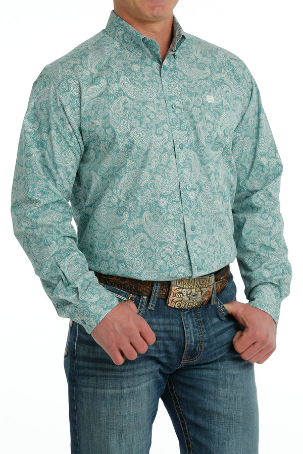 Men's Cinch MTW1105704 Green/White Paisley Print Button Down Long Sleeve Shirt