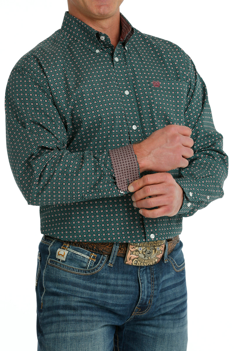 Men's Cinch MTW1105709 Green Print Button Down Long Sleeve Shirt