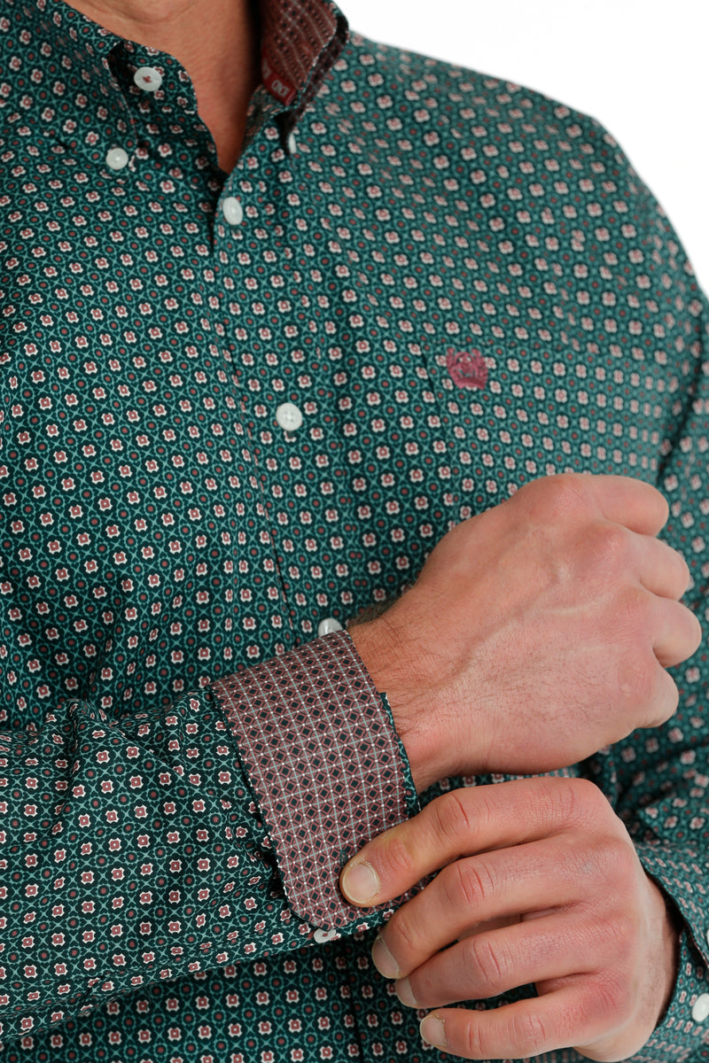 Men's Cinch MTW1105709 Green Print Button Down Long Sleeve Shirt
