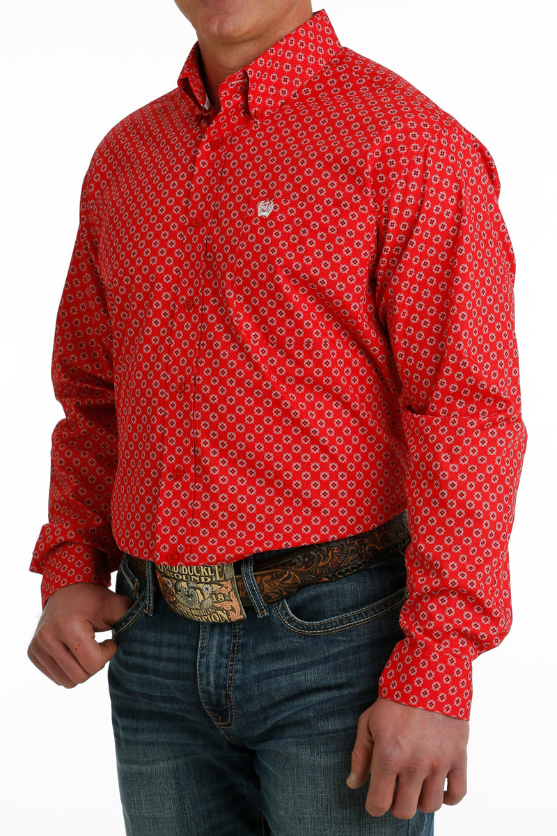 Men's Cinch MTW1105727 Red Geometric Button Down Long Sleeve Shirt CLOSEOUT