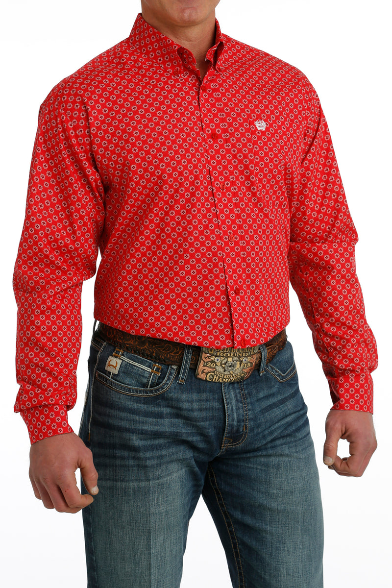 Men's Cinch MTW1105727 Red Geometric Button Down Long Sleeve Shirt CLOSEOUT