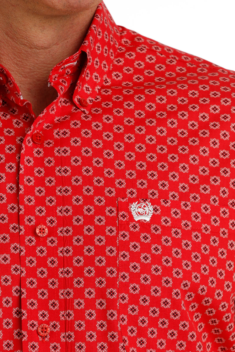 Men's Cinch MTW1105727 Red Geometric Button Down Long Sleeve Shirt CLOSEOUT