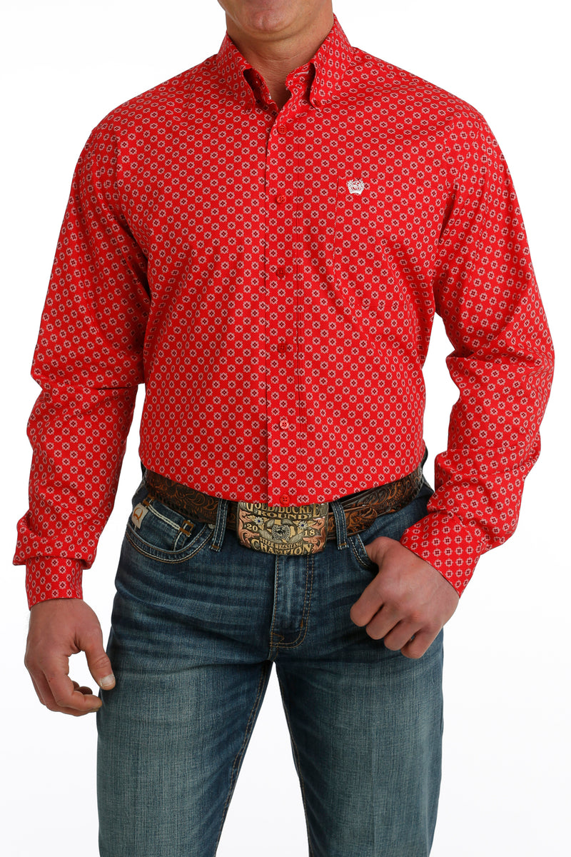 Men's Cinch MTW1105727 Red Geometric Button Down Long Sleeve Shirt CLOSEOUT