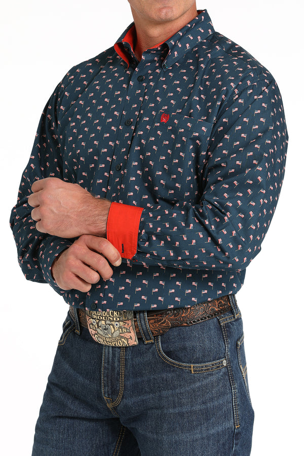 Men's Cinch MTW1105806 Navy Print Button Down Long Sleeve Shirt