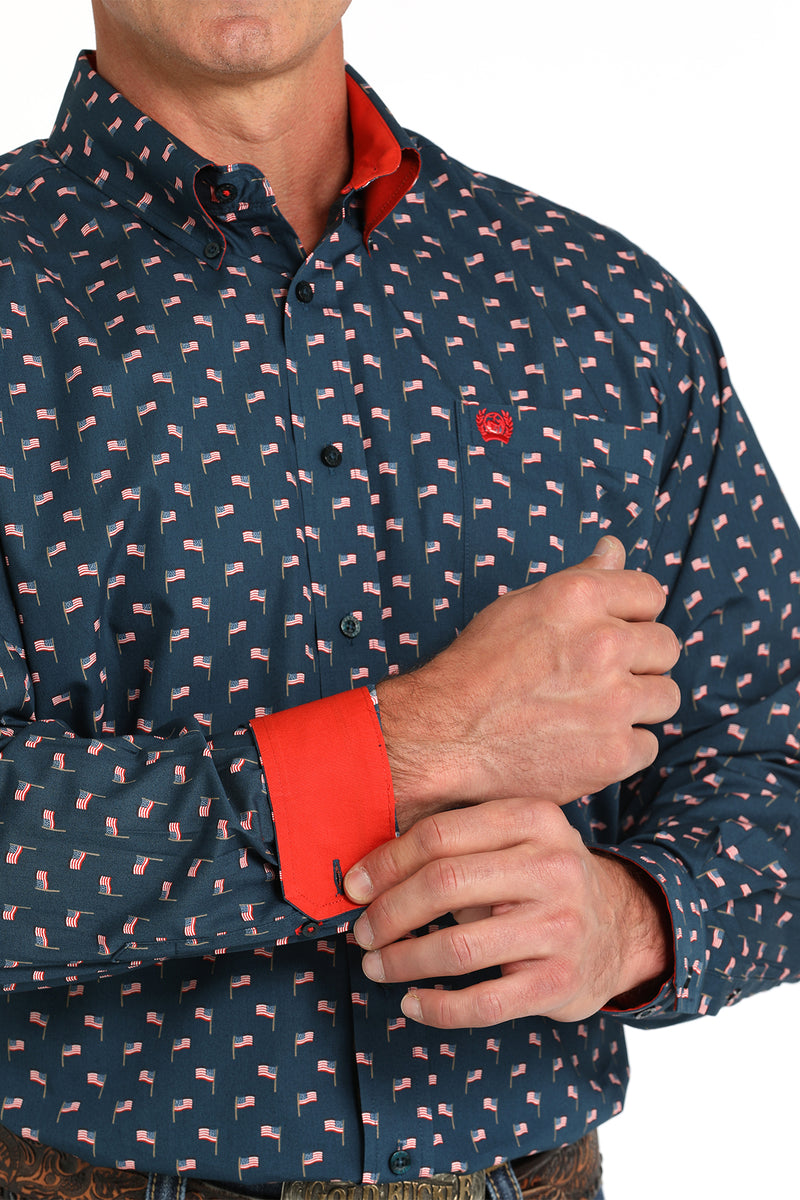 Men's Cinch MTW1105806 Navy Print Button Down Long Sleeve Shirt