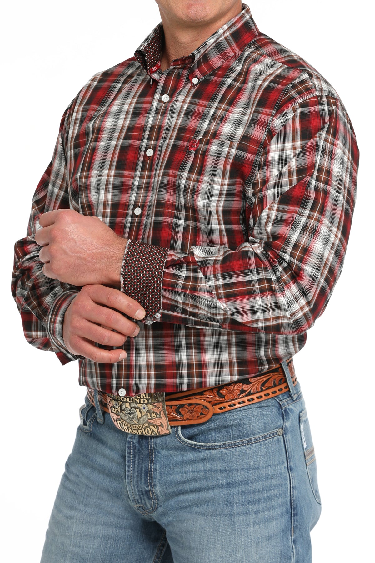 Men's Cinch MTW1105838 Red Plaid Button Down Long Sleeve Shirt *CLOSEOUT*