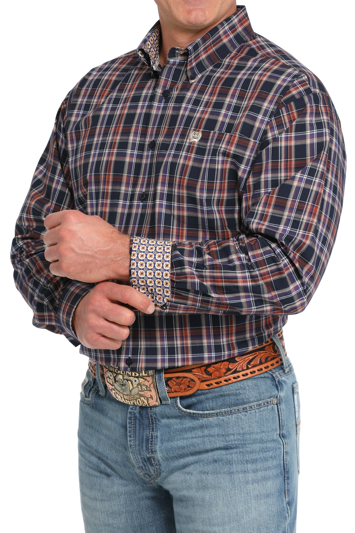 Men's Cinch MTW1105848 Navy Plaid Print Button Down Long Sleeve Shirt *CLOSEOUT*