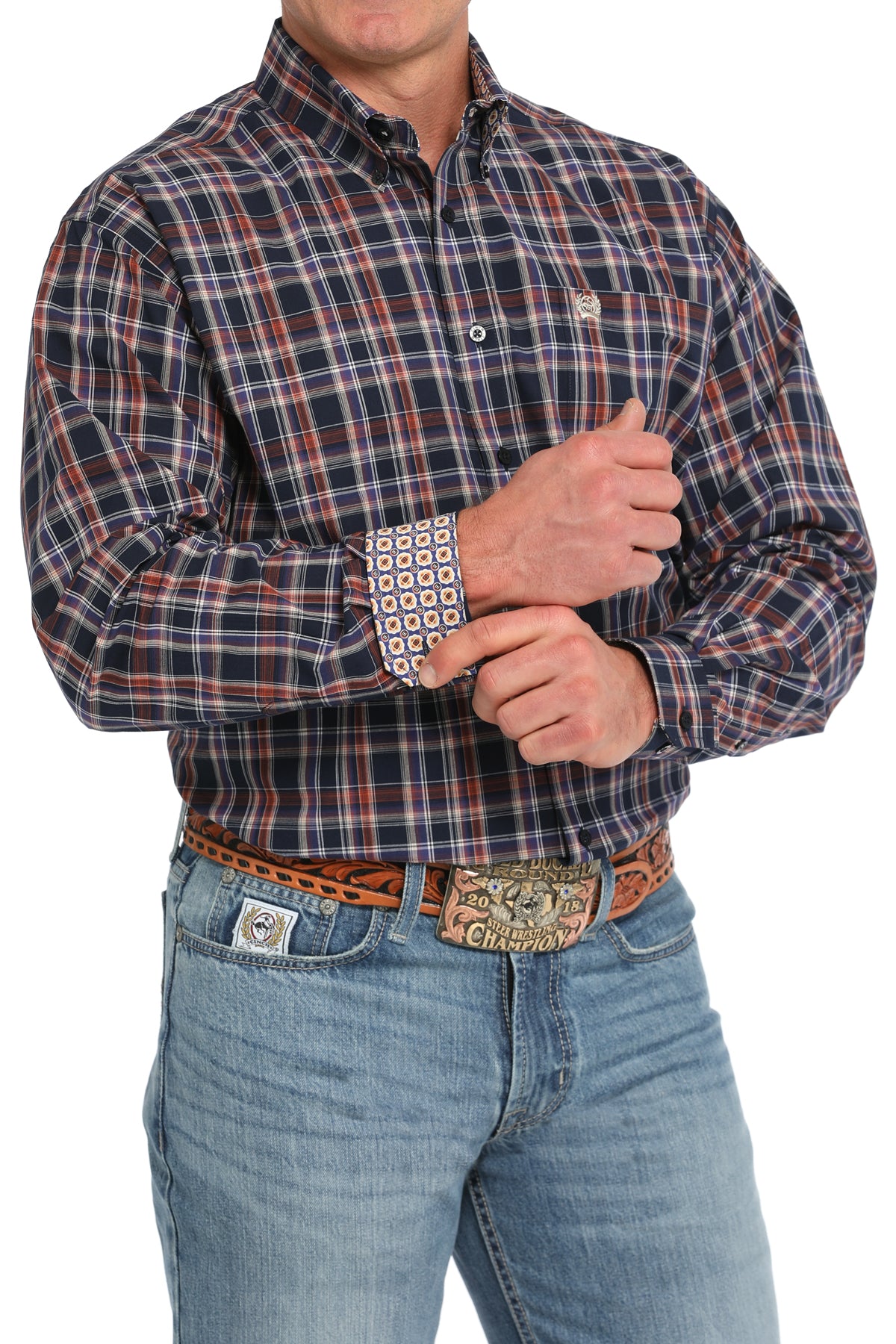 Men's Cinch MTW1105848 Navy Plaid Print Button Down Long Sleeve Shirt *CLOSEOUT*