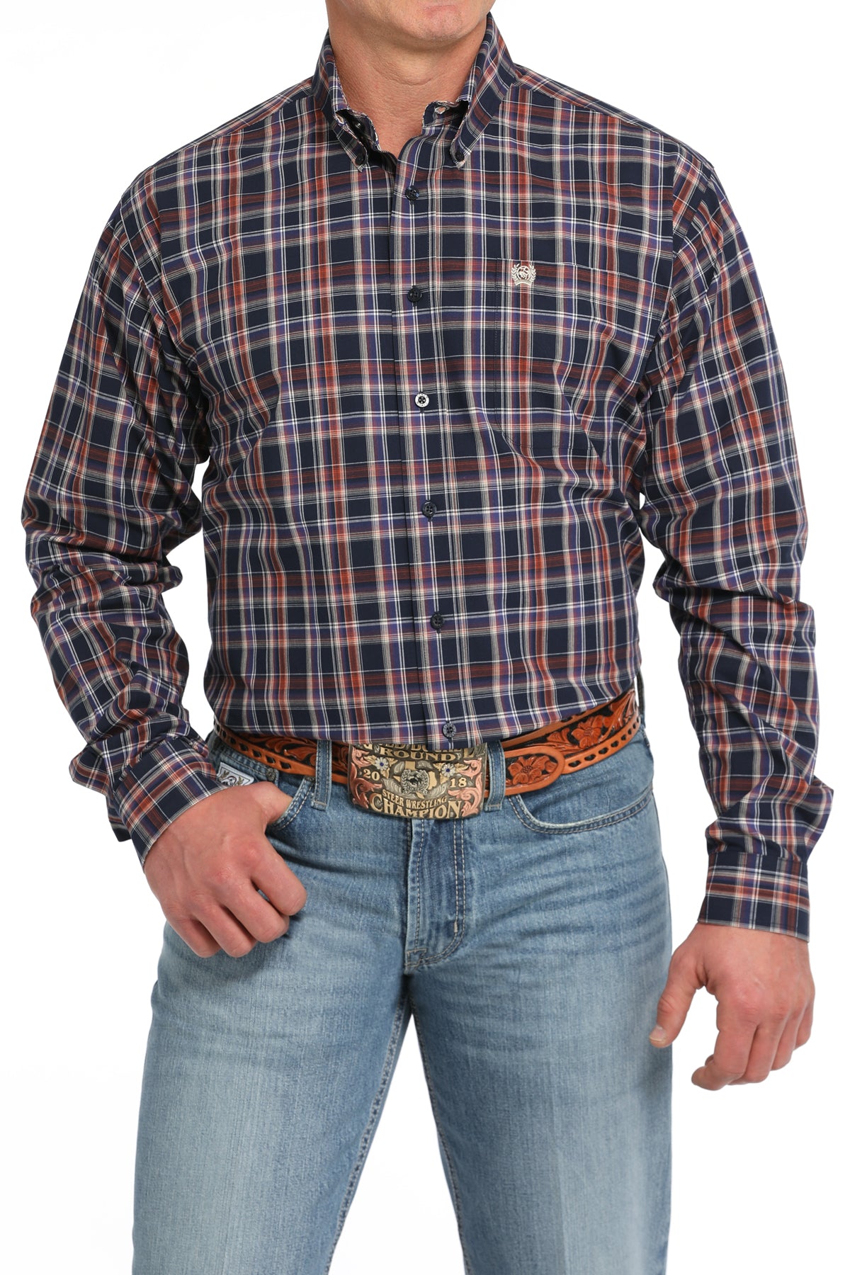 Men's Cinch MTW1105848 Navy Plaid Print Button Down Long Sleeve Shirt *CLOSEOUT*
