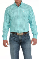 Men's Cinch small print long sleeve button-down shirt with a turquoise background. Front view.