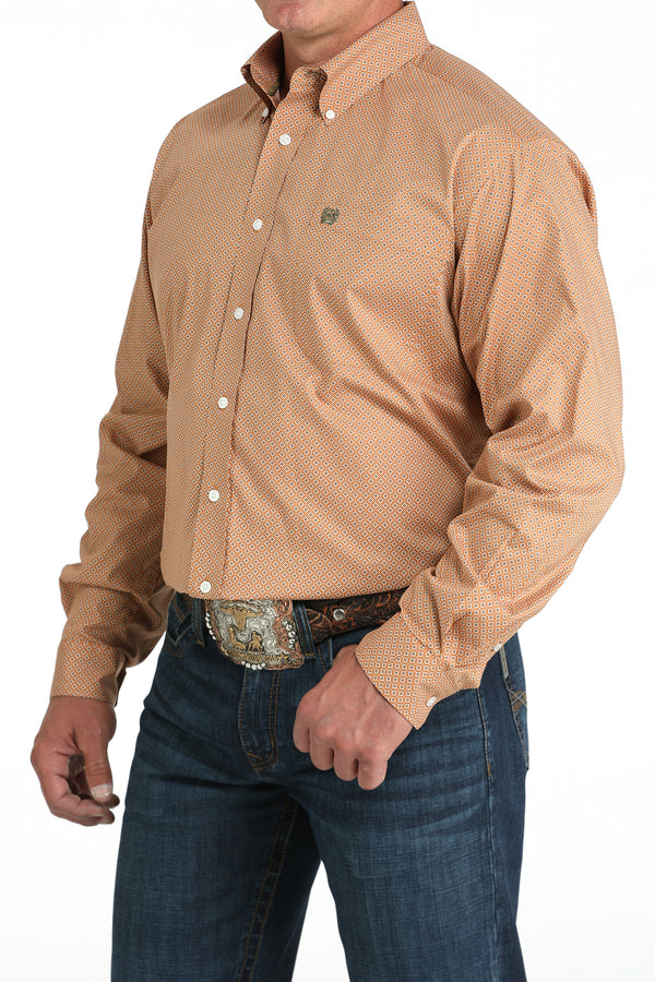 Men's Cinch light brown patterned shirt on a Texas orange background with button down front and collar,white button front , collar, and 2-button cuffs with placket, left chest open pocket with logo embroidery, adjustable cuffs. Front left view.