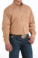 Men's Cinch light brown patterned shirt on a Texas orange background with button down front and collar, white button front , collar, and 2-button cuffs with placket, left chest open pocket with logo embroidery, adjustable cuffs. Front view.