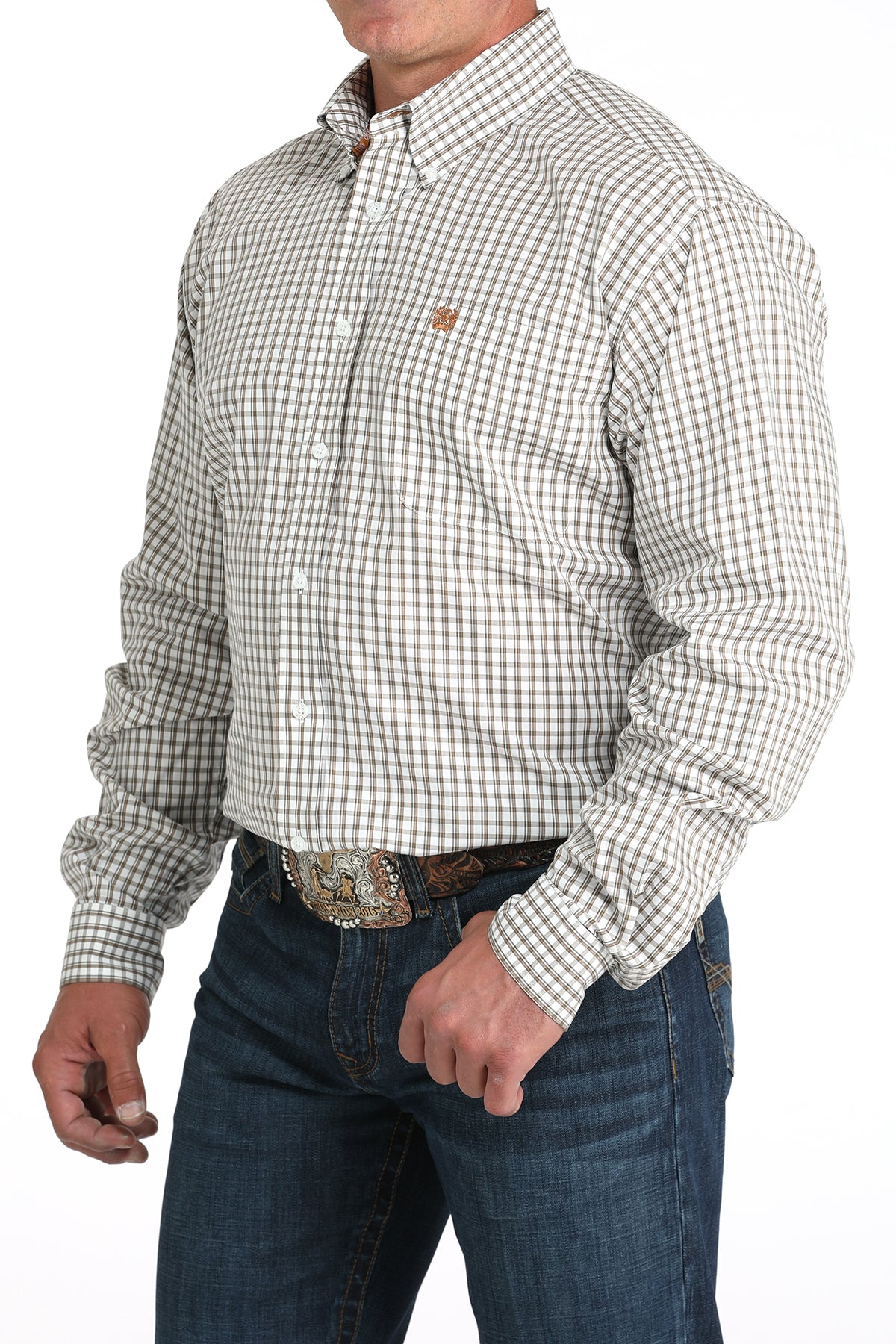 Men's Cinch small plaid long sleeve button-down shirt with a white background. Shows white button front, button down collar, left chest open pocket with brown embroidered logo. Front left view.