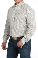 Men's Cinch small plaid long sleeve button-down shirt with a white background. Shows white button front, button down collar, left chest open pocket with brown embroidered logo. Front left view.