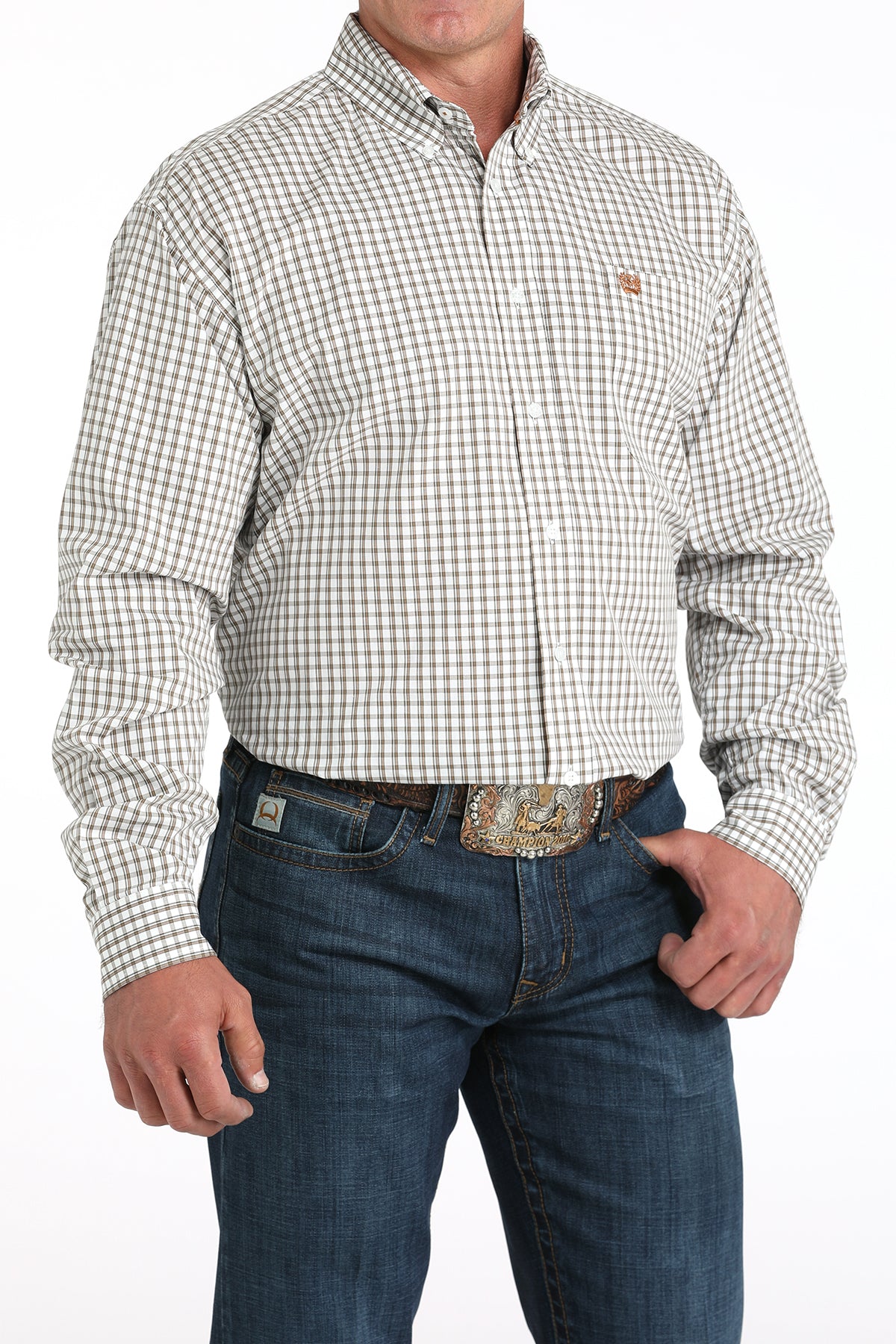 Men's Cinch small plaid long sleeve button-down shirt with a white background. Shows white button front, button down collar, left chest open pocket with brown embroidered logo. Front view.