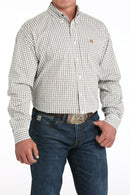 Men's Cinch small plaid long sleeve button-down shirt with a white background. Shows white button front, button down collar, left chest open pocket with brown embroidered logo. Front view.
