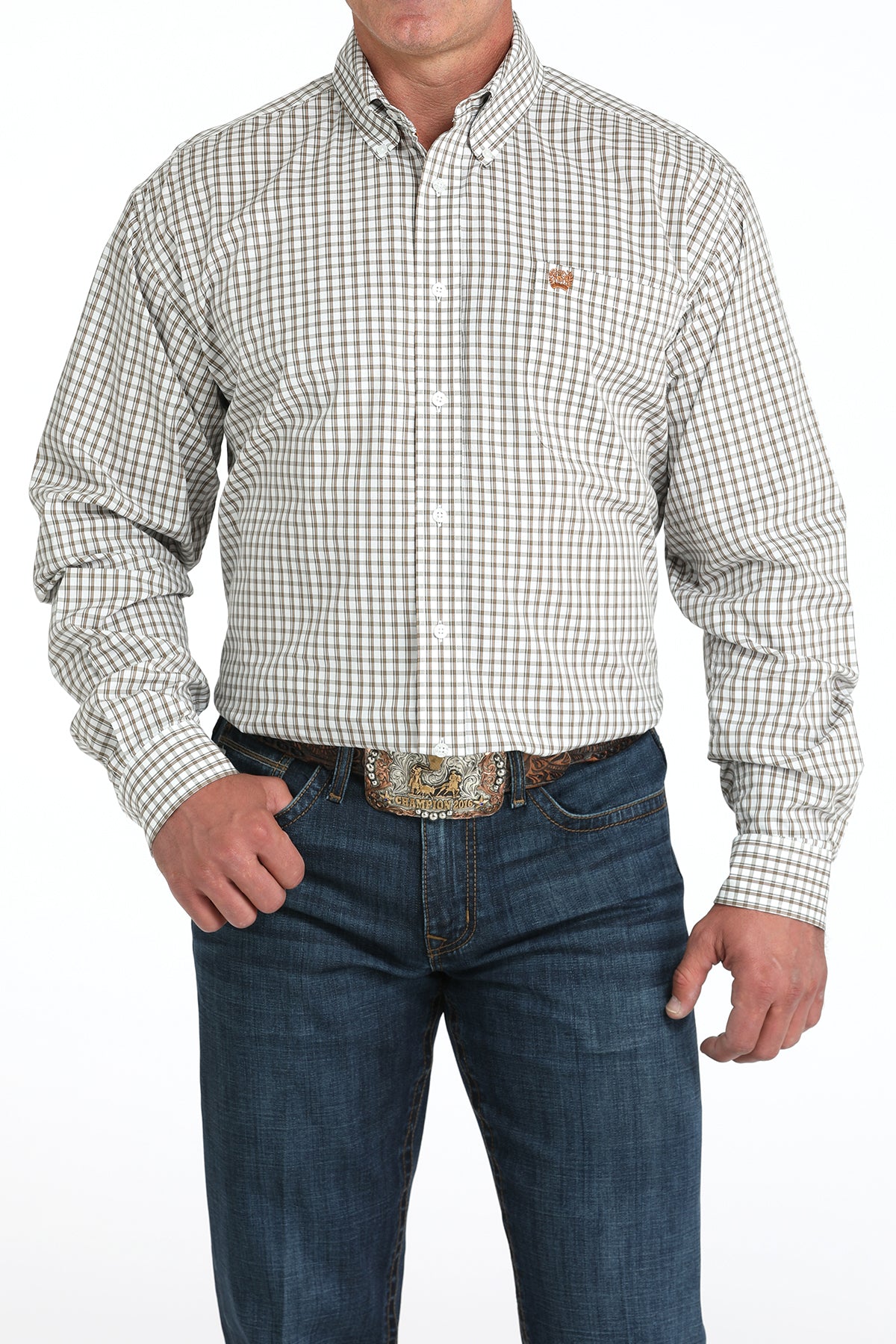 Men's Cinch small plaid long sleeve button-down shirt with a white background. Front view.