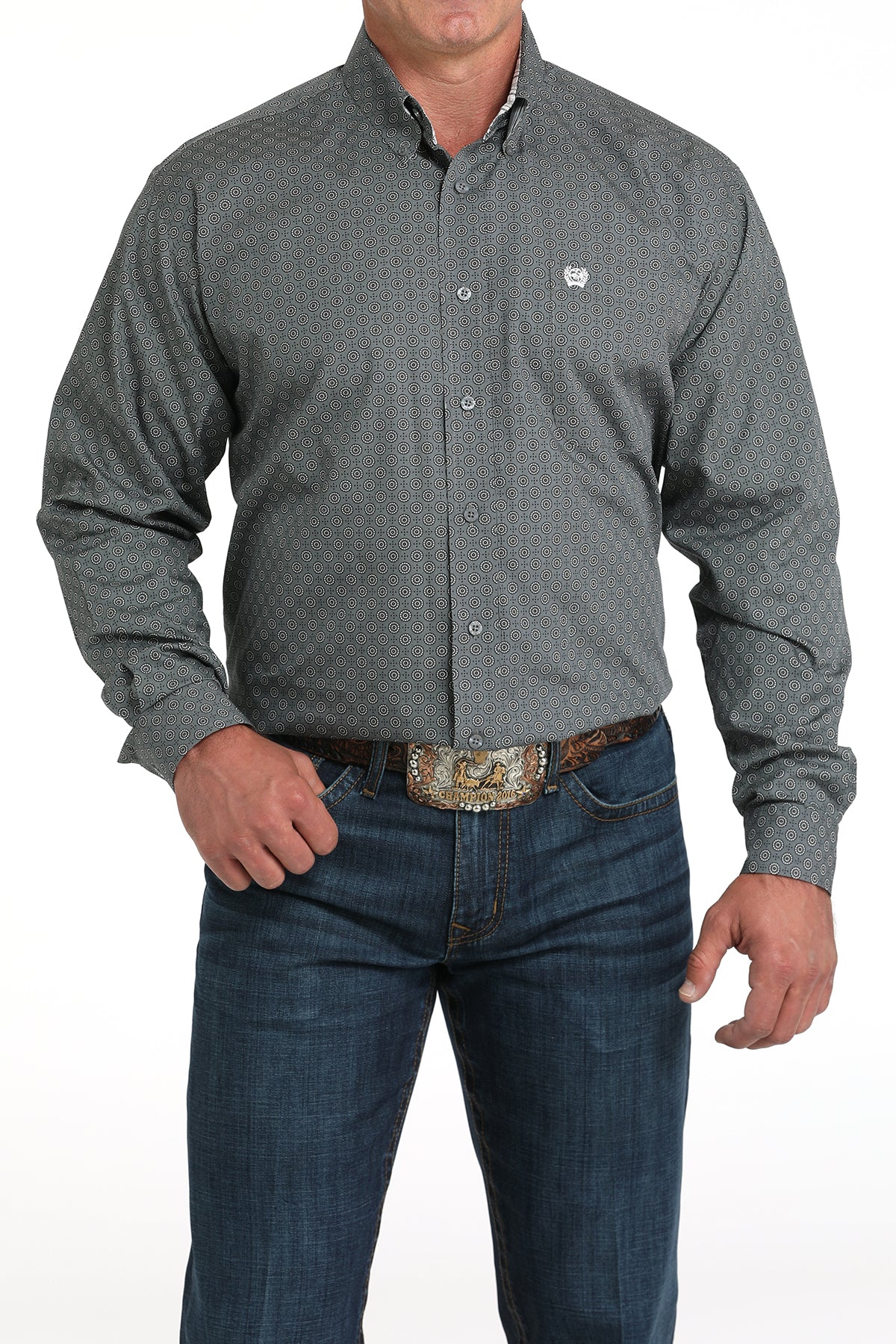 Men's Long Sleeve Western Shirt with Printed Cotton Plain Weave
L/S Button Down
Gray Buttons front view