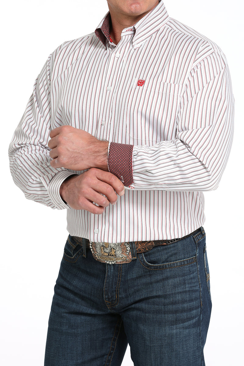Cinch Tencel White and Black Striped Long Sleeve Button Down Men's Shirt front view