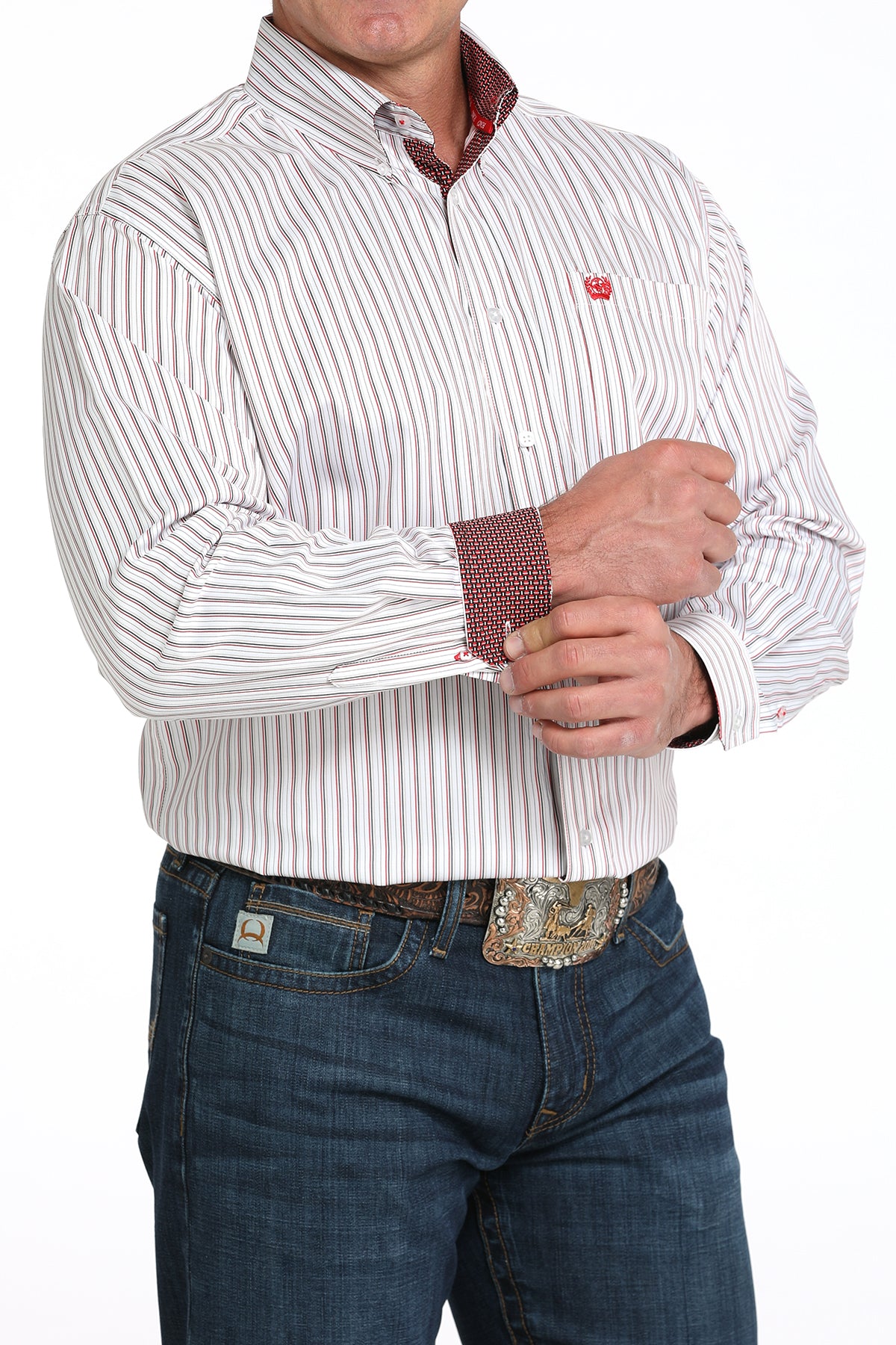 Cinch Tencel White and Black Striped Long Sleeve Button Down Men's Shirt with contrast trim front view