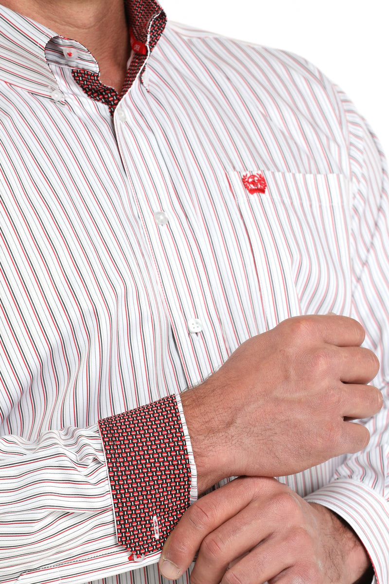 Cinch Tencel White and Black Striped Long Sleeve Button Down Men's Shirt up close front view