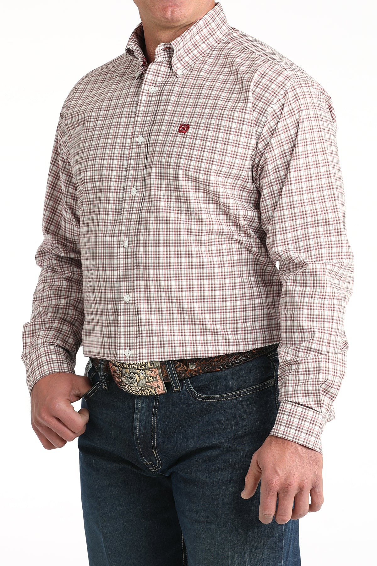 Men's Cinch White Plaid Print Long Sleeve Button Shirt
