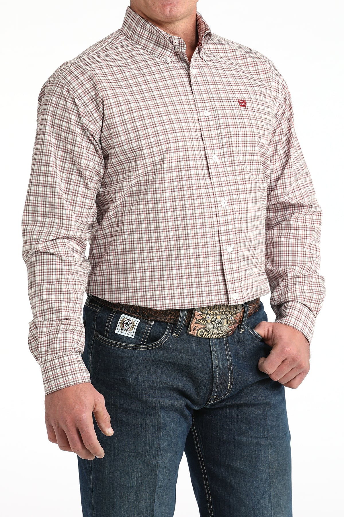 Men's Cinch White Plaid Print Long Sleeve Button Shirt