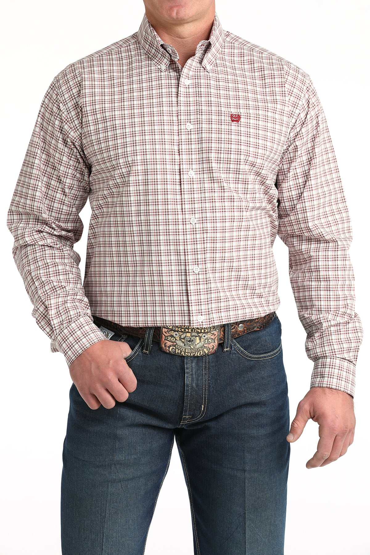 Men's Cinch White Plaid Print Long Sleeve Button Shirt