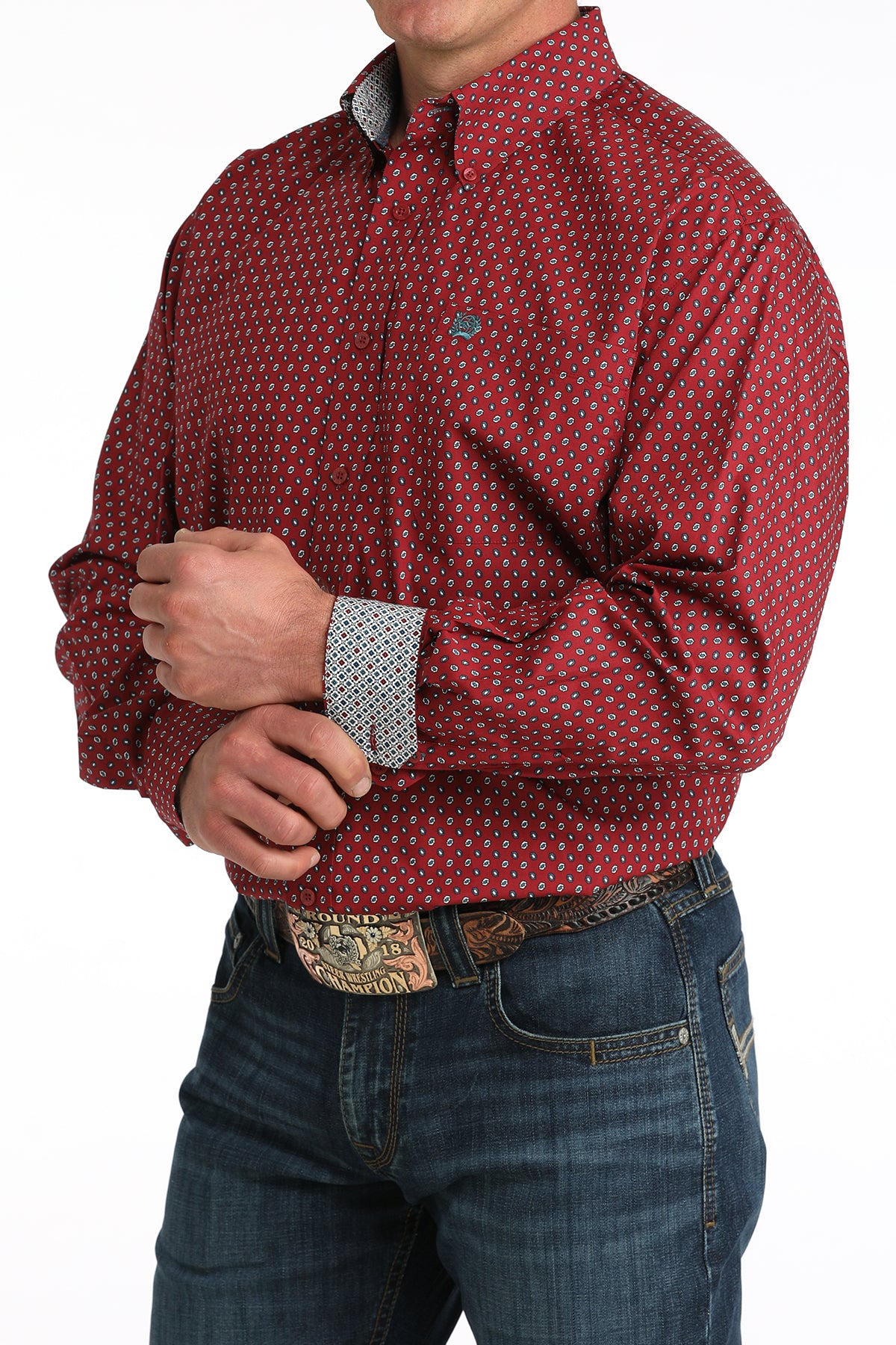 Men's Cinch Red Printed Long Sleeve Button Shirt