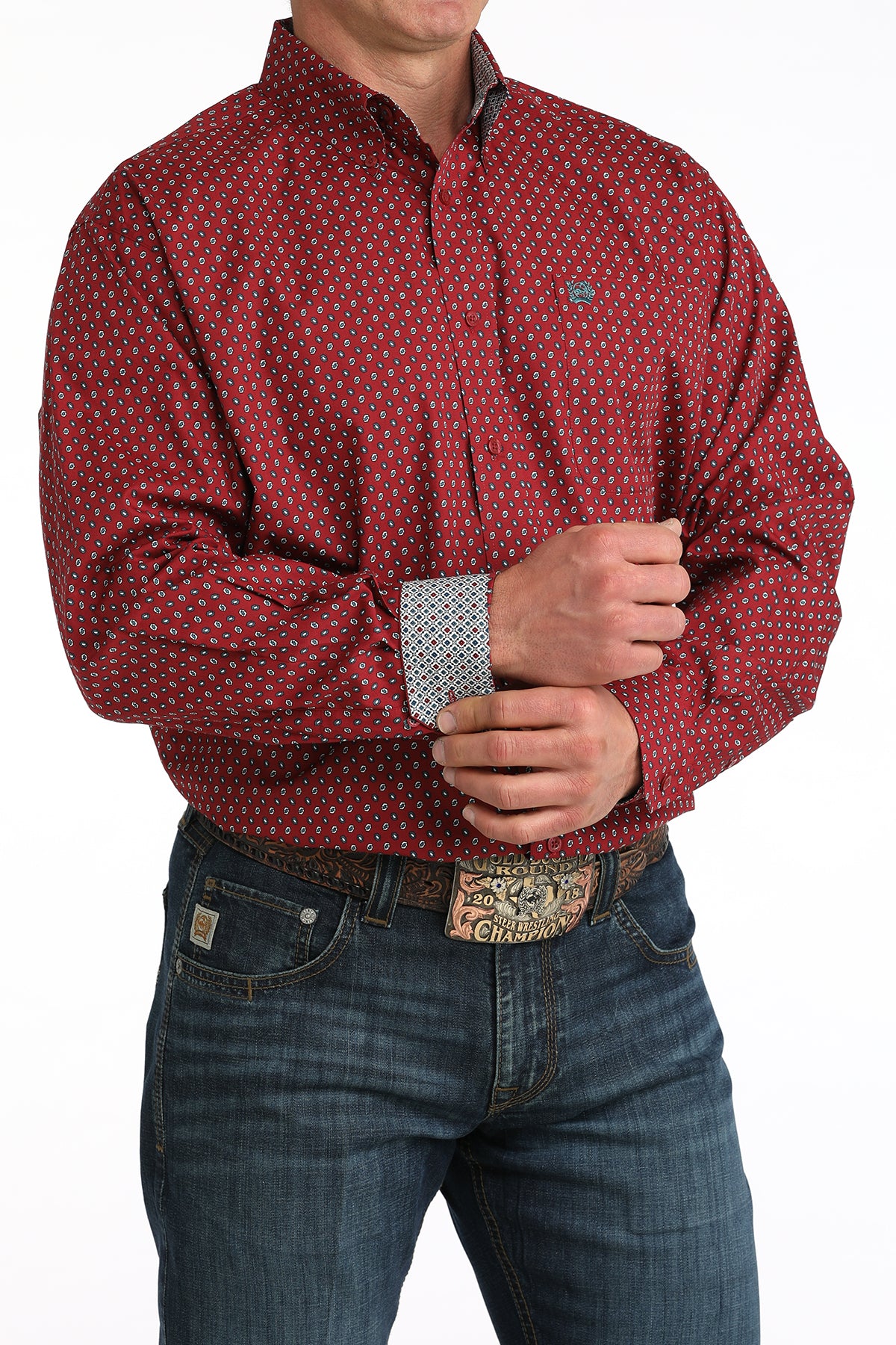 Men's Cinch Red Printed Long Sleeve Button Shirt
