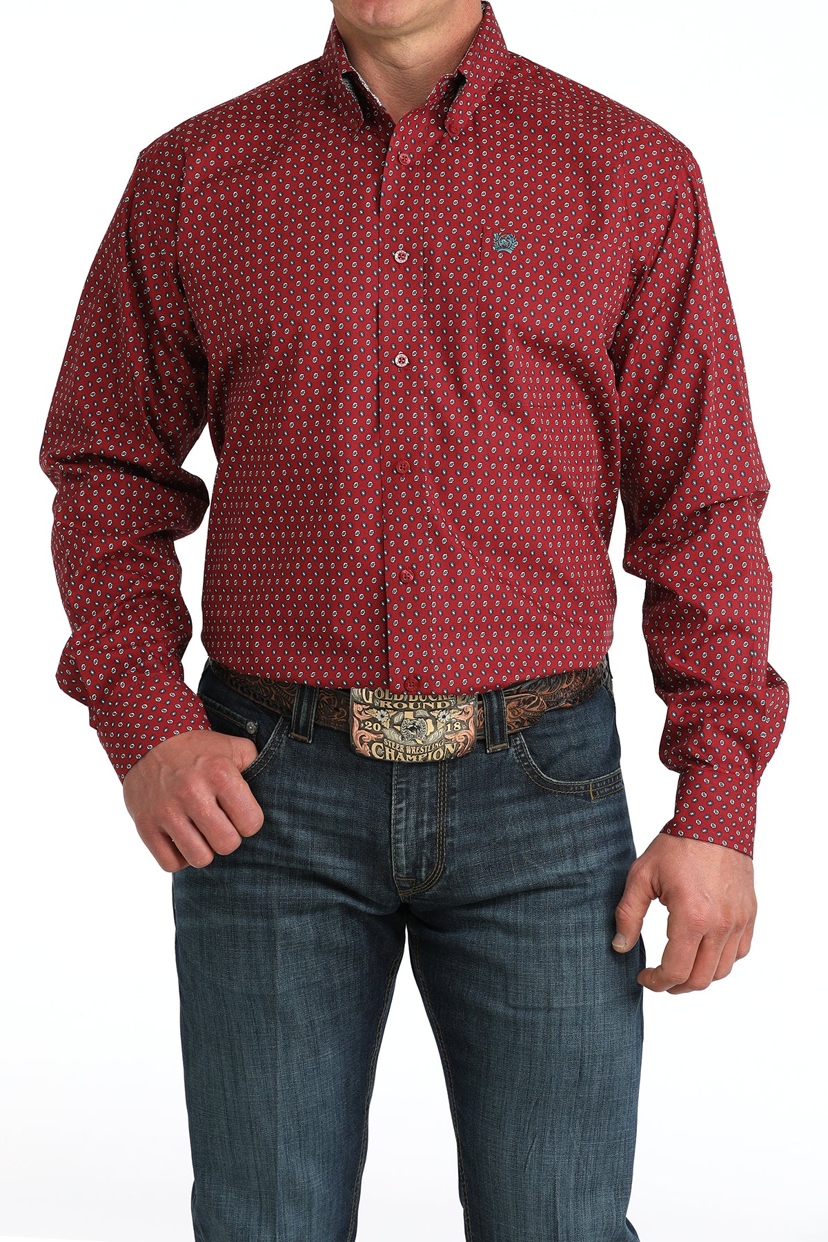 Men's Cinch Red Printed Long Sleeve Button Shirt