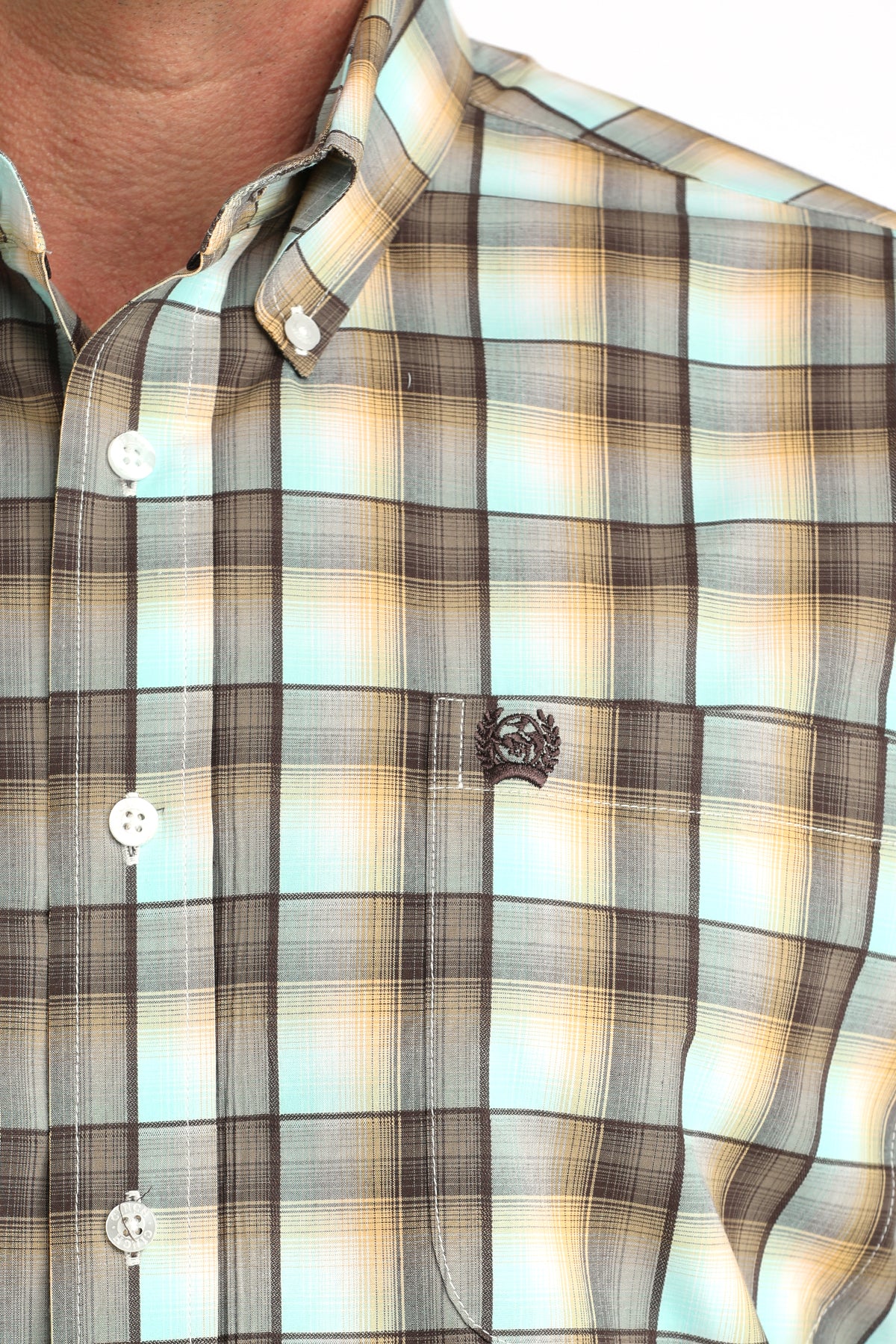 Close-up of a plaid shirt with a brand logo on a blurred background