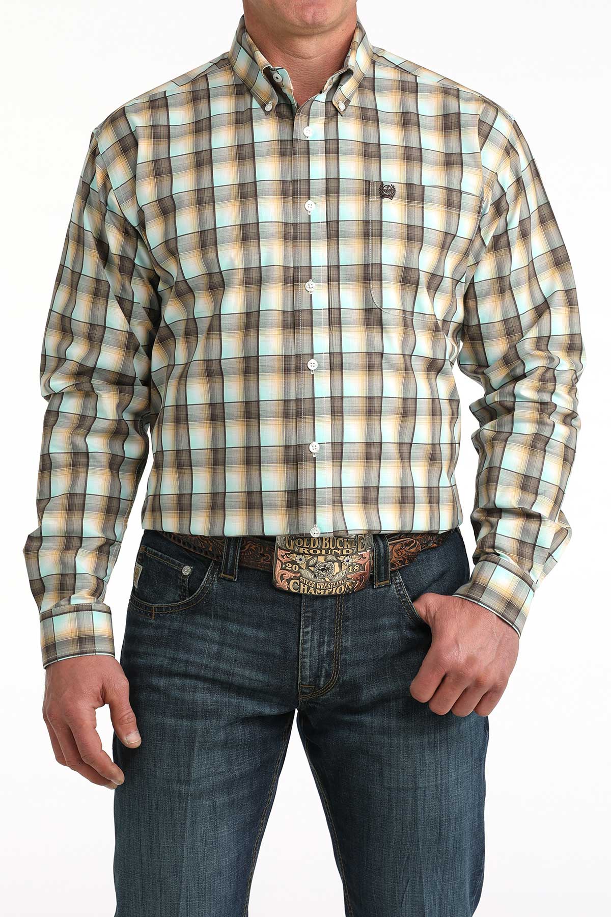 Man wearing a plaid shirt and jeans with a belt buckle on a white background