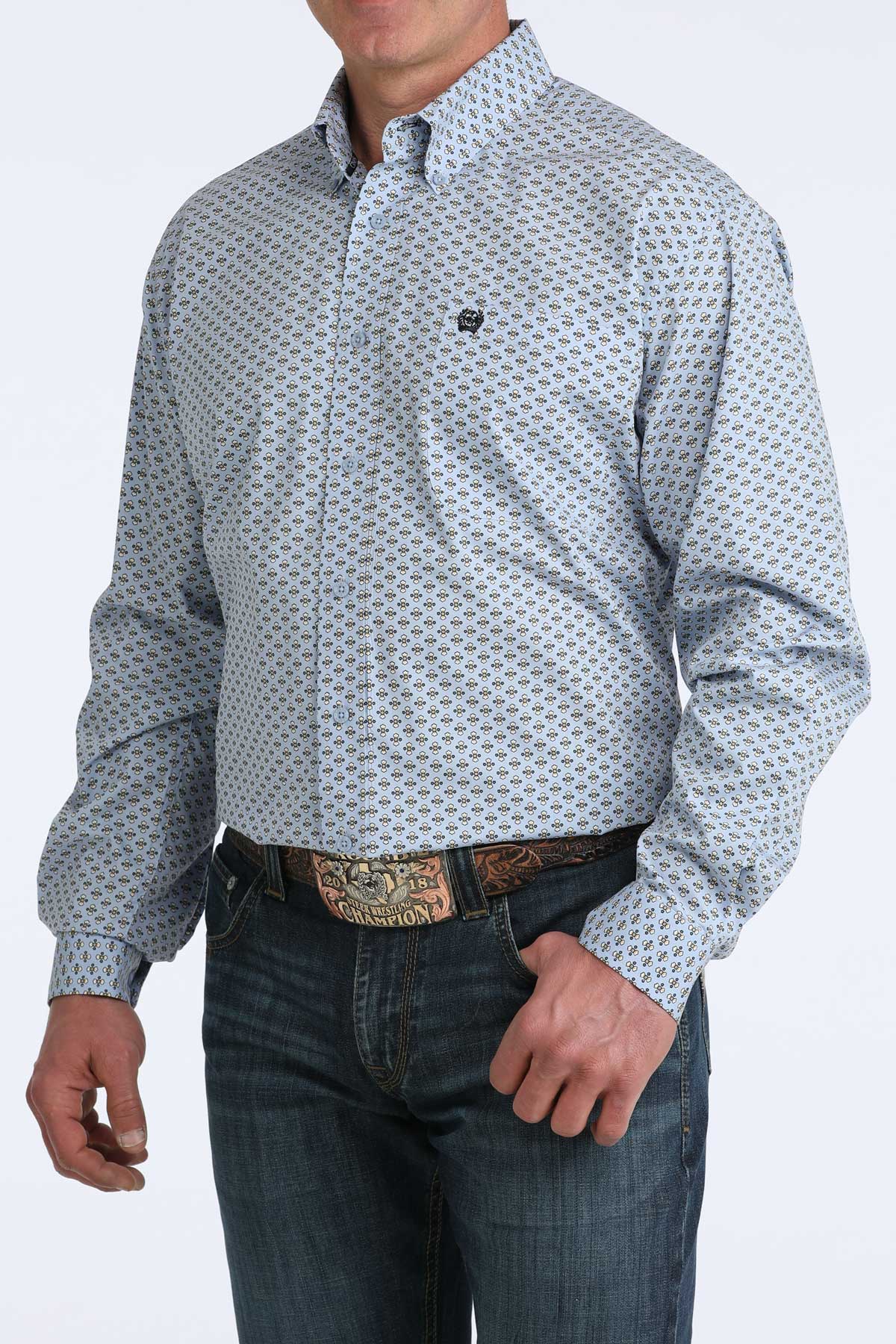 Men's Cinch Light Blue Print Long Sleeve Button Down Shirt