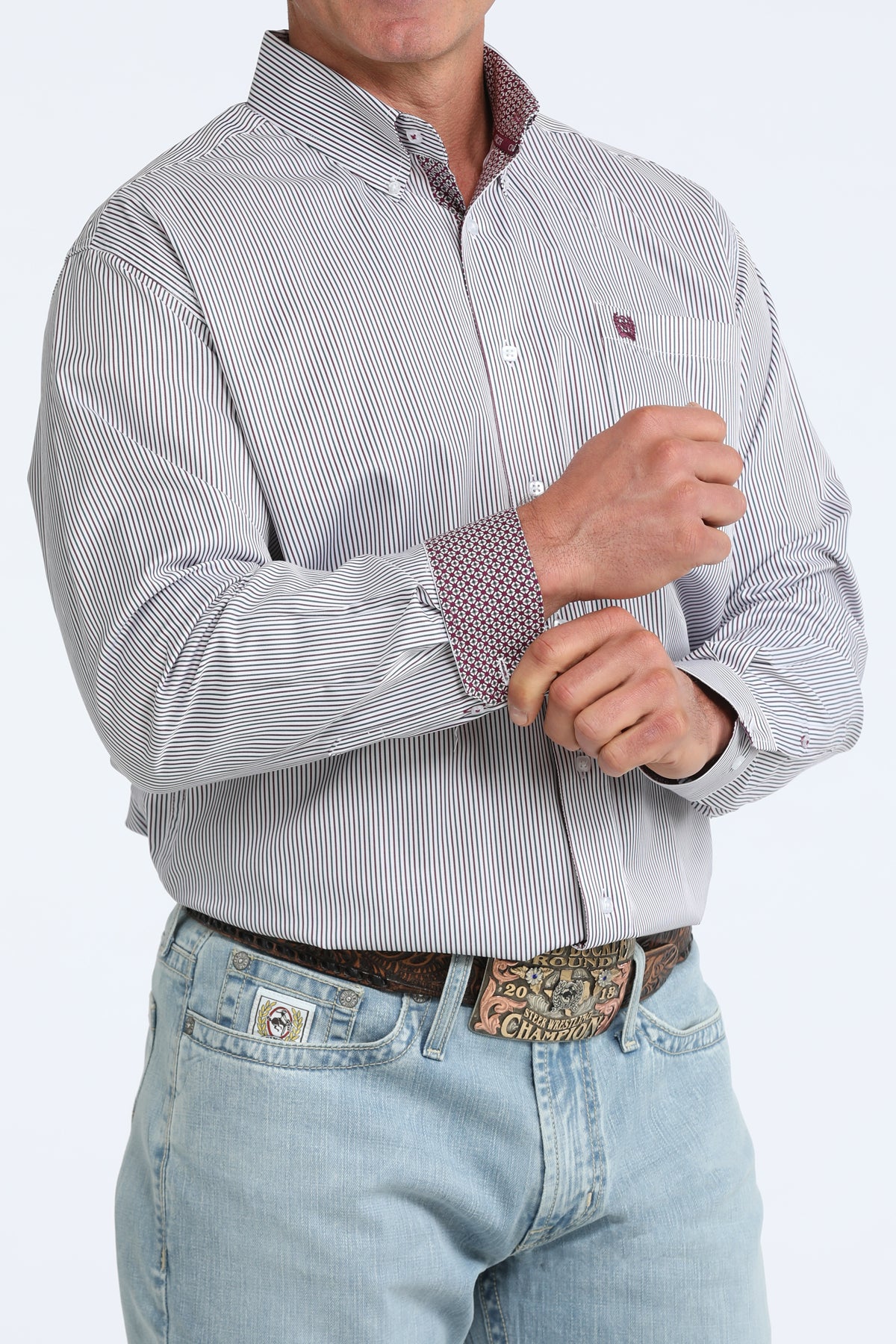 Men's Cinch Tencel White with Maroon Stripe Long Sleeve Button Down Shirt
