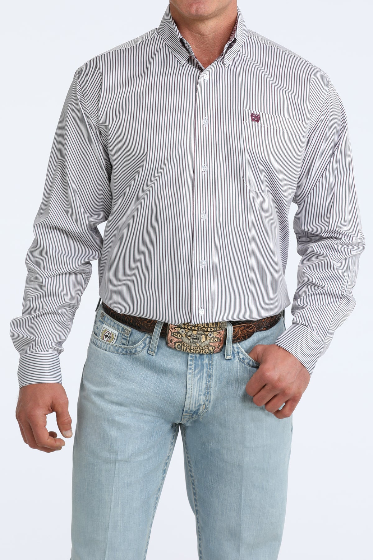 Men's Cinch Tencel White with Maroon Stripe Long Sleeve Button Down Shirt