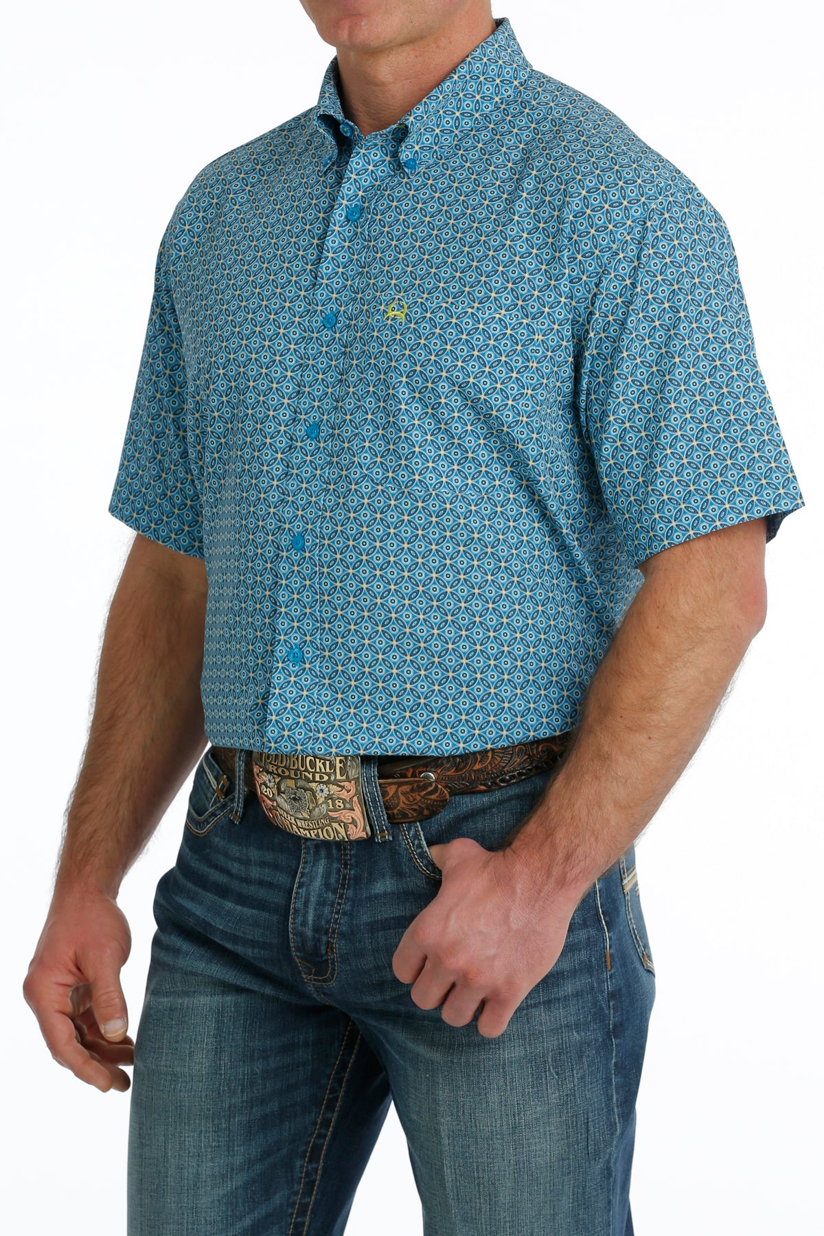 Men's Cinch MTW1704131 Short Sleeve ArenaFlex Button Down Shirt Blue Multi Print *CLOSEOUTS*