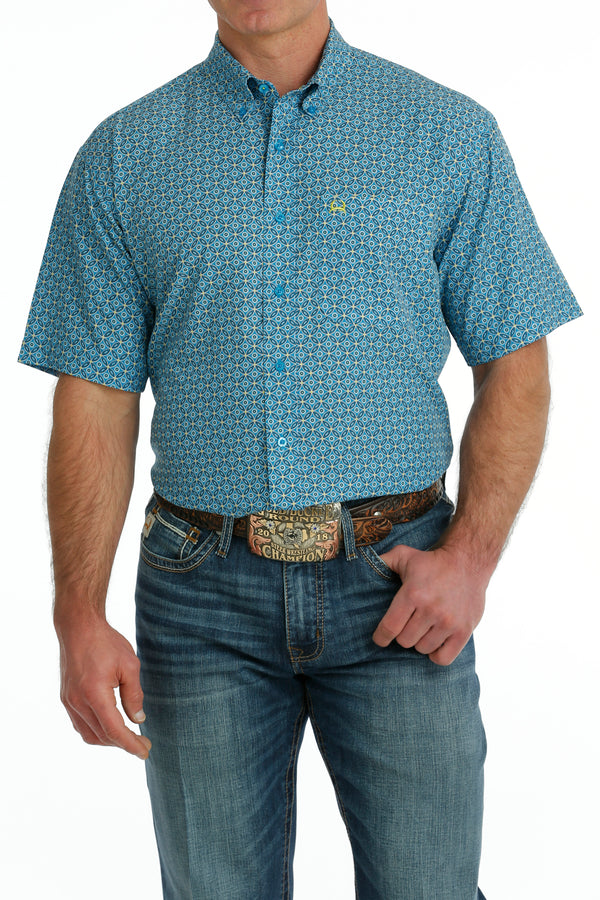 Men's Cinch MTW1704131 Short Sleeve ArenaFlex Button Down Shirt Blue Multi Print