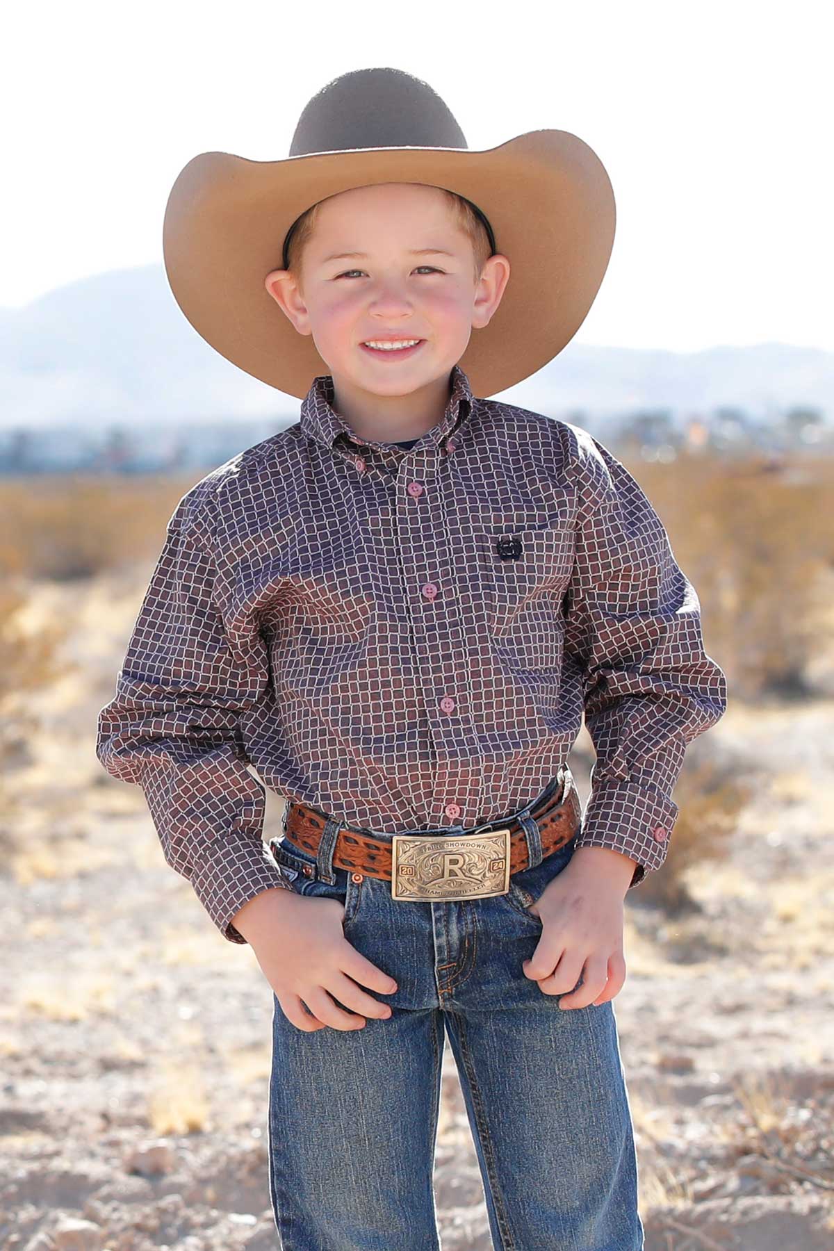 Boy's Cinch Pink Square Print Button-Down Western Shirt