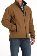 Brown Cinch bonded jacket showing full front zipper, standing collar, front vertical zipper hand pockets, left chest vertical phone pocket. Length: mid-hip. Front right view.
