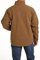 Brown Cinch bonded jacket. Back view shows long shirt-tail shaped hem that comes below seat.