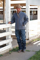 Full front lifestyle view of blue Cinch logo jacket.