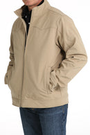 Khaki Cinch branded concealed carry bonded jacket. Has western yokes, full front zip, handwarmer pockets, and snap cuffs. Front left view.