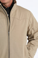 Closeup view of collar, zipper, and front yoke detail of Cinch khaki conceal carry jacket.