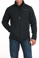 Cinch black solid nylon-spandex ripstop jacket. Has standing collar with soft lining, full front zipper with lining, zippered slash hand pockets, and Cinch block logo embroidered on left chest. Hemmed cuffs and bottom band. Hits low hip. Front view.