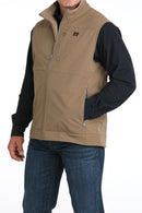 Cinch khaki nylon-spandex ripstop windproof vest. Has soft fabri lined standing collar, full front zipper with lining, slash zippered hand pockets, left chest vertical zippered phone pocket, and black embroidered logo. Hits low hip. Front left view.