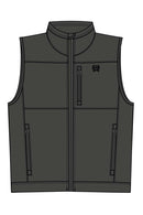 Cinch charcoal grey nylon-spandex ripstop windproof vest. Has full front zipper, slash zippered hand pockets, left chest vertical zippered phone pocket, left chest black embroidered logo, lined standing collar. Designer drawing of full front.