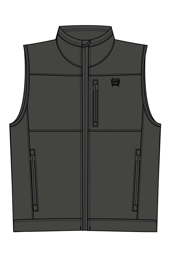 Cinch charcoal grey nylon-spandex ripstop windproof vest. Has full front zipper, slash zippered hand pockets, left chest vertical zippered phone pocket, left chest black embroidered logo, lined standing collar. Designer drawing of full front.