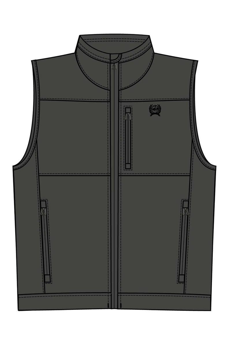 Cinch charcoal grey nylon-spandex ripstop windproof vest. Has full front zipper, slash zippered hand pockets, left chest vertical zippered phone pocket, left chest black embroidered logo, lined standing collar. Designer drawing of full front.