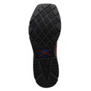 A rubber outsole view of a 12-inch brown and tan Twisted X Western work boot with CellStretch technology, featuring a square toe.